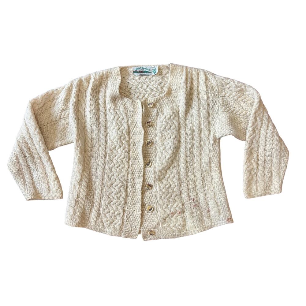 Vintage 1980s Aran Crafts Ireland Cable Knit Sweater Cardigan Wool Cream Small